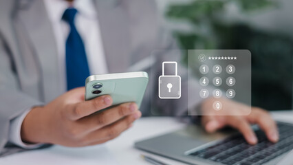 Cyber security technology concept, office background. Businessman entering password on smartphone...