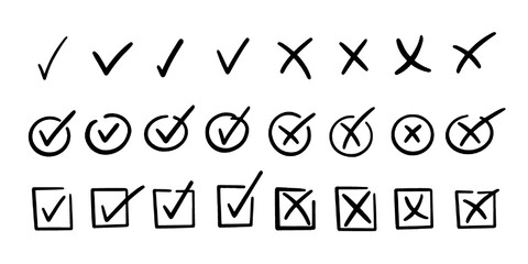 Check marks doodle set. Vote, yes, no, checkbox, checklist, tick and cross signs, v and x drawn concept. Hand drawn doodle sketch style vector illustration