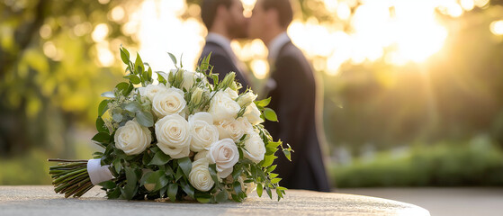 Two blurred men sharing a romantic kiss behind a red rose bouquet. A symbolic and intimate moment expressing love, affection, and same-sex romance. Created using generative AI technology.