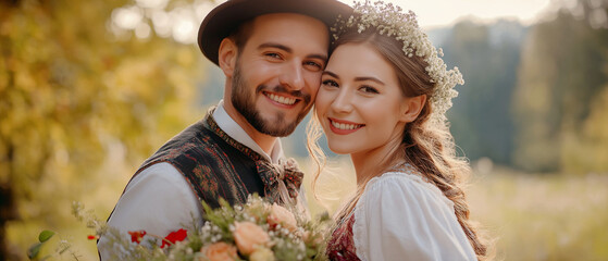 Happy bride and groom in traditional Bavarian wedding attire (Tracht) smiling at the camera. Cultural and festive atmosphere. This image was created using generative AI.