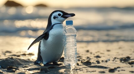 Naklejka premium A penguin stands on a beach holding a plastic water bottle. Sunrise/Sunset light