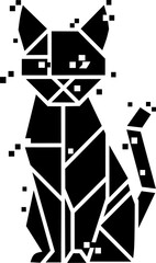 Abstract polygonal black cat silhouette with a digital fragmentation effect. Modern low-poly geometric feline vector art.