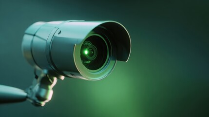 Surveillance camera with green light on dark background security and monitoring.
