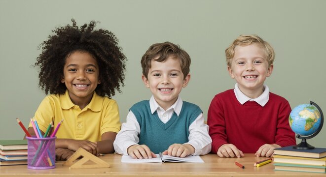 Three happy diverse boy kids sitting at a desk with school supplies. Children smiling and laughing together at class. Education and primary school concept.