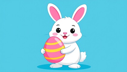 Charming cartoon easter bunny holding a decorated egg with a cheerful expression