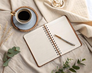 Flat lay of open notebook, pen, and coffee cup placed on soft neutral linen fabric — cozy minimalist workspace scene ideal for planner mockups, lifestyle branding, journaling, and productivity visuals