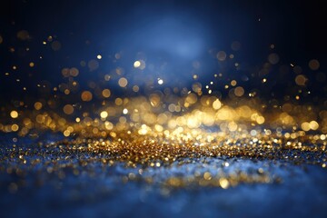 Golden glitter sparkles on a dark blue backdrop