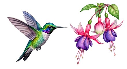 Obraz premium Hummingbird gracefully hovering near vibrant fuchsia blossoms.