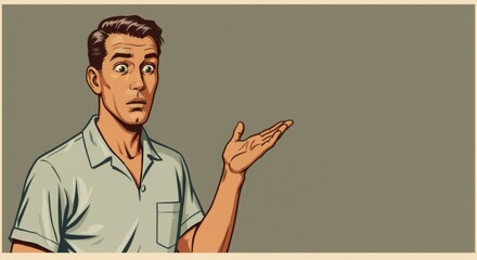 Man in surprised reaction with open hand, pop art comic book style, feeling confused by unexpected situation and question.