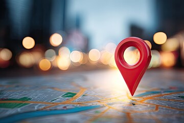 A red map pin highlighting a location on a city map at night