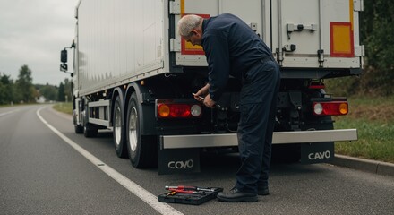 An older caucasian man mechanic performing truck repair on the side of a road, a professional service to fix a large vehicle breakdown.