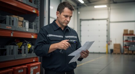Man in uniform scanning document with a barcode scanner in a warehouse environment. Inventory management and logistics concept.