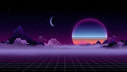 Retrofuturistic landscape at night