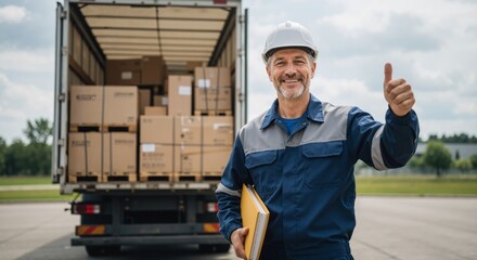 Caucasian man in hard hat giving thumbs up, holding folder with documents, with truck full of boxes. Logistics and delivery concept.