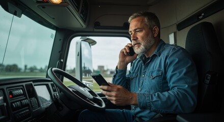 Mature man, a truck driver, making a call in his vehicle. Communication on the road. Driver cabin interior for transport concept.