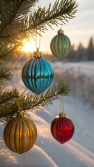 Fototapeta premium Festive christmas ornaments adorn a snowy landscape at sunset