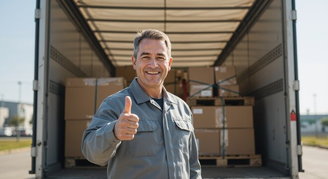 Caucasian delivery man showing thumbs up in back of truck. Logistics and shipping service concept. Happy adult worker.