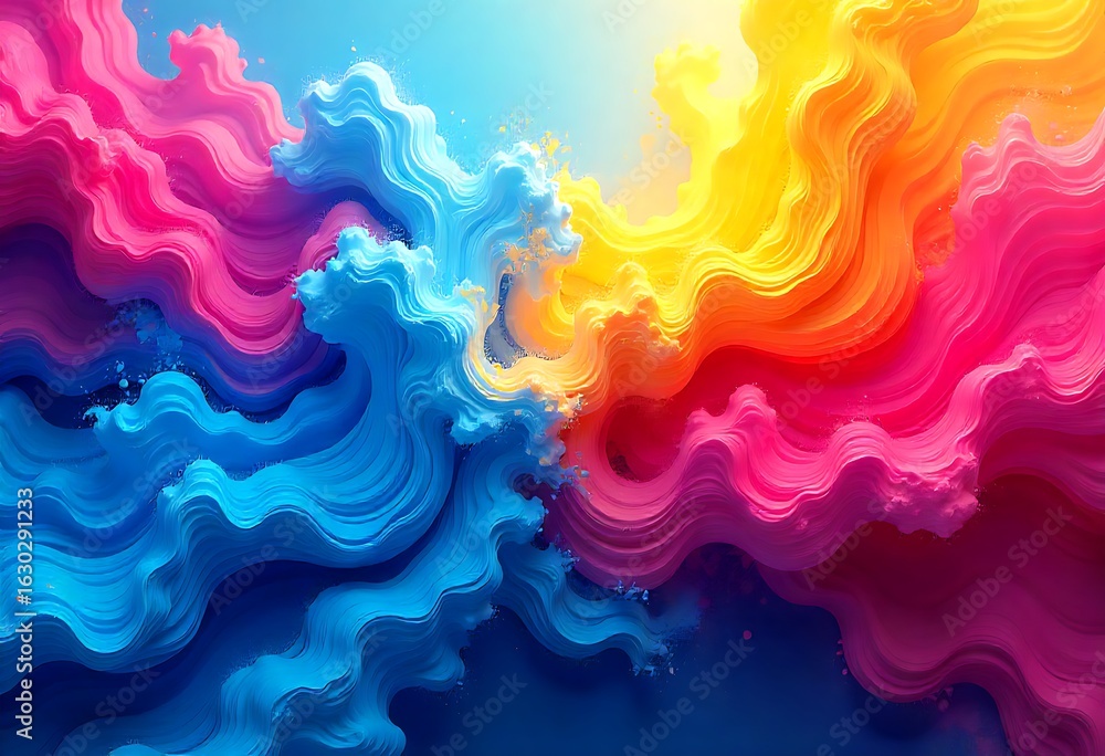 Poster generative ai paints a vibrant dreamscape of fluid color waves intertwining playfully