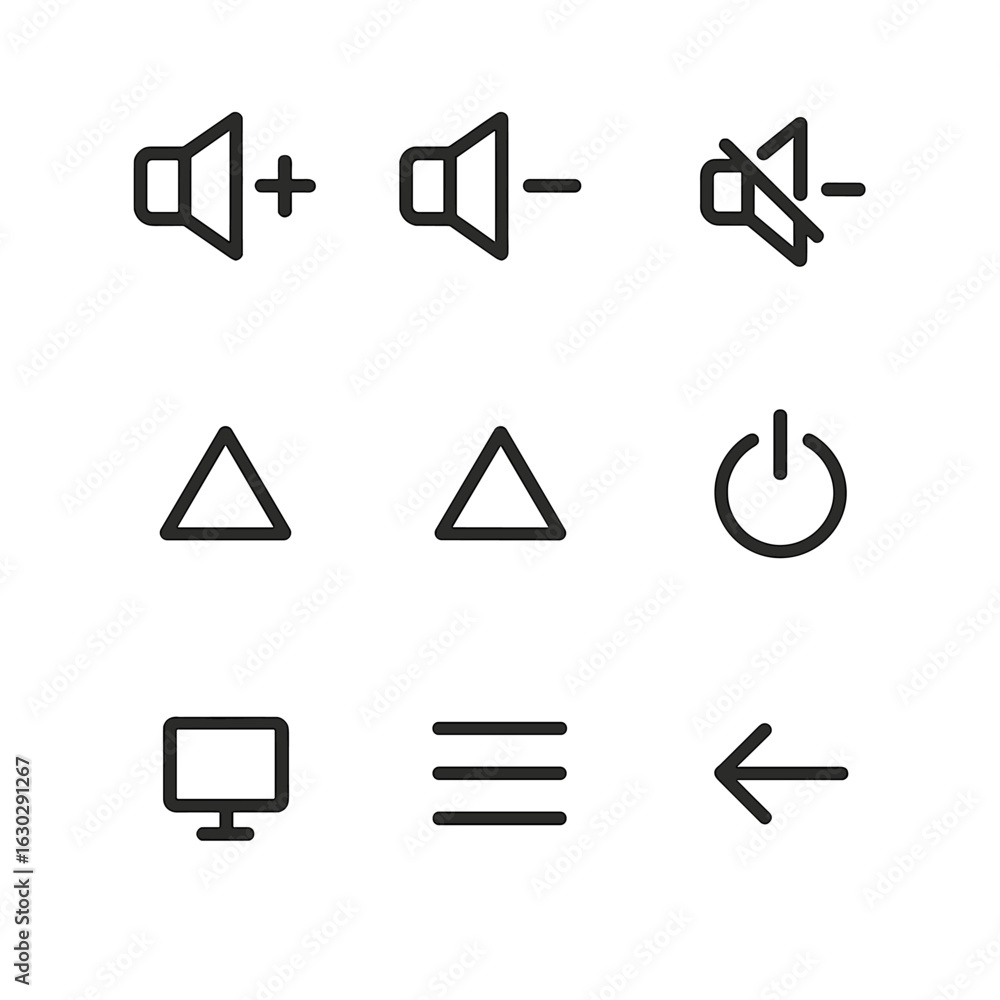 Poster remote control icons. outline icon set of remote control buttons: volume up, volume down, mute, chan