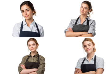 A set of four portraits of young female restaurant workers in aprons, smiling and looking at the camera, against a transparent background