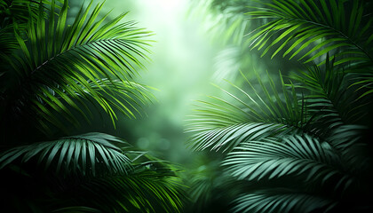 Lush palm fronds frame a misty, sunlit clearing in a tropical fo