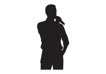 A black silhouette of a man singing into a microphone, depicted in a classic performance pose.