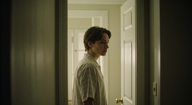 Young caucasian man standing in a hallway looking contemplative, lost in thought or reflection. Quiet home interior scene symbolizing choice or transition. - Powered by Adobe