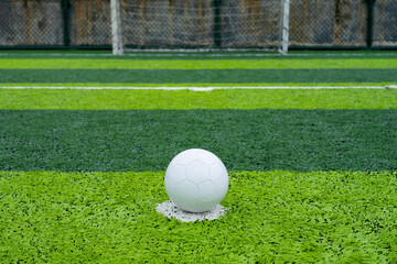 a soccer on the penalty spot on a soccer field at horizontal composition