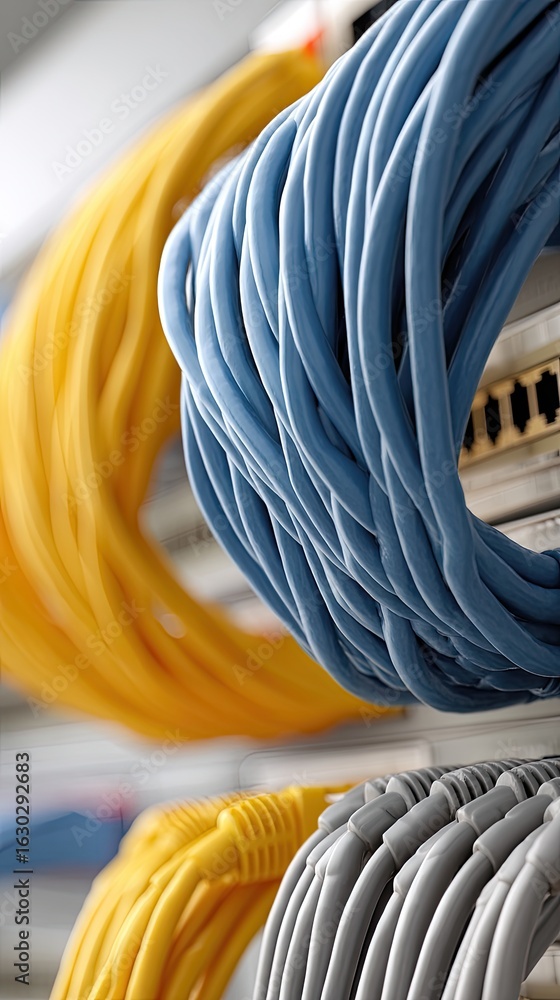 Poster different colored ethernet cables organized in a network panel, showcasing cable management for effi