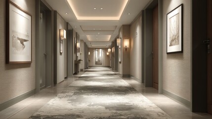 Long hotel corridor with doors artwork and carpeted floor illuminated by lights.
