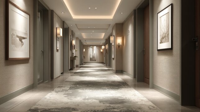 Long hotel corridor with doors artwork and carpeted floor illuminated by lights.