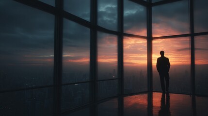 Silhouette of a business professional standing by a panoramic window at sunrise.