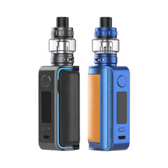Two modern electronic cigarettes or vape mods with tanks in black and blue colors isolated on transparent background