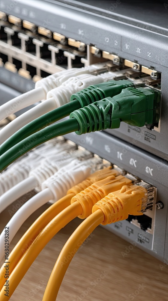 Poster different colored ethernet cables organized in a network panel, showcasing cable management for effi