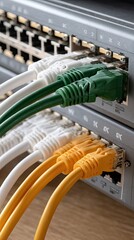 Different colored Ethernet cables organized in a network panel, showcasing cable management for efficient connectivity in a technology environment