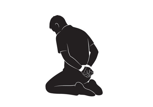 A silhouette of a man kneeling with his hands bound behind his back, depicting a captive or prisoner.