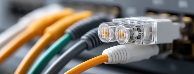 Different colored Ethernet cables organized in a network panel, showcasing cable management for efficient connectivity in a technology environment