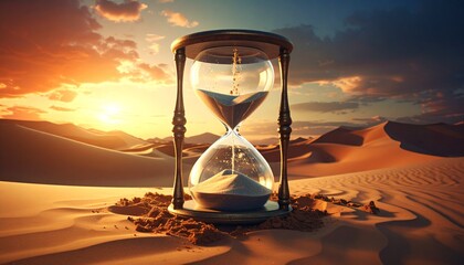 Hyper-realistic 3D scene of sand dunes inside a clear clock, final grain falling under golden sunset light, surreal fusion of time and nature with cinematic depth.