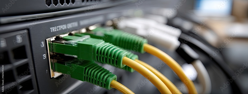 Poster different colored ethernet cables organized in a network panel, showcasing cable management for effi