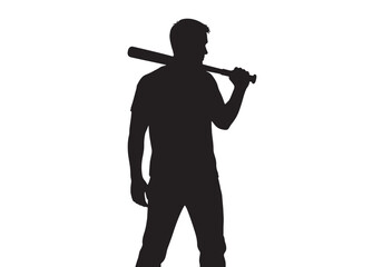 A black silhouette of a man standing and holding a baseball bat over his shoulder.