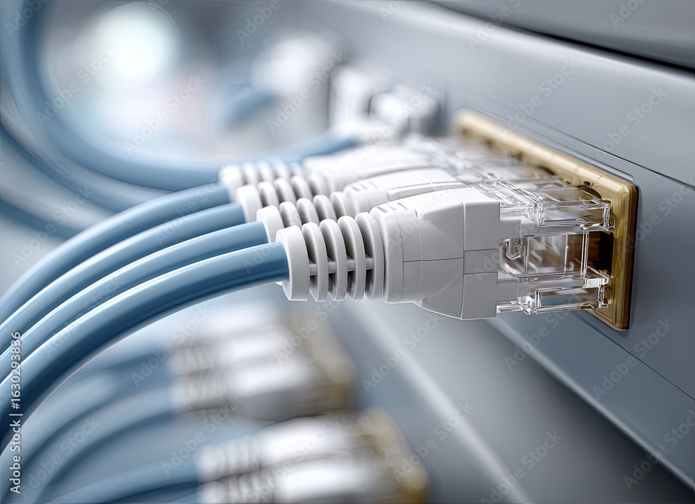 Poster network switch connected with ethernet cables in a modern office environment during a busy workday, 