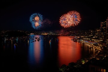 Fireworks display over a harbor at night.  Reflections of vibrant blue and red explosions on the water's surface. City skyline visible in the background