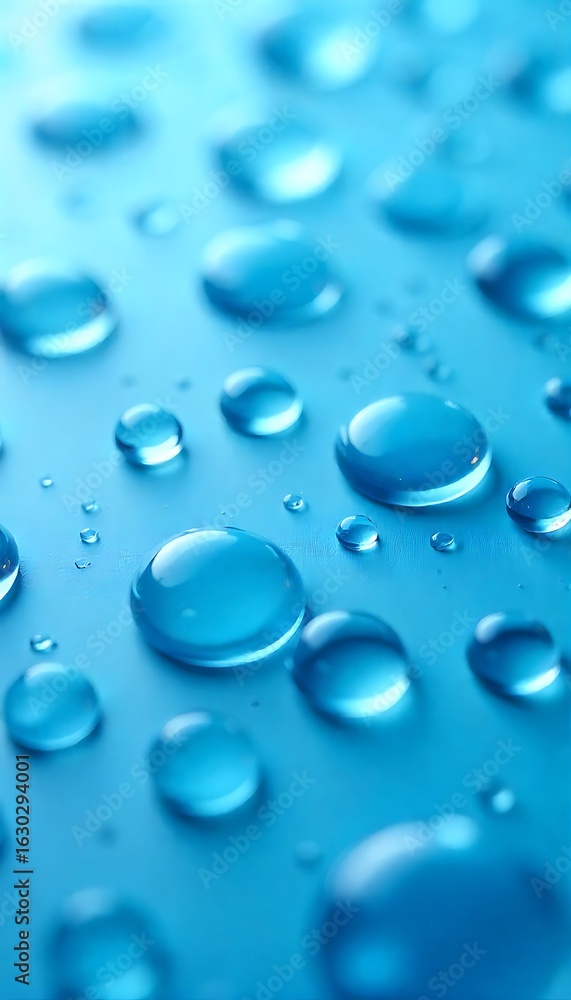 Poster generative ai: serene abstract water droplets on a soft blue surface creating a soothing, tranquil