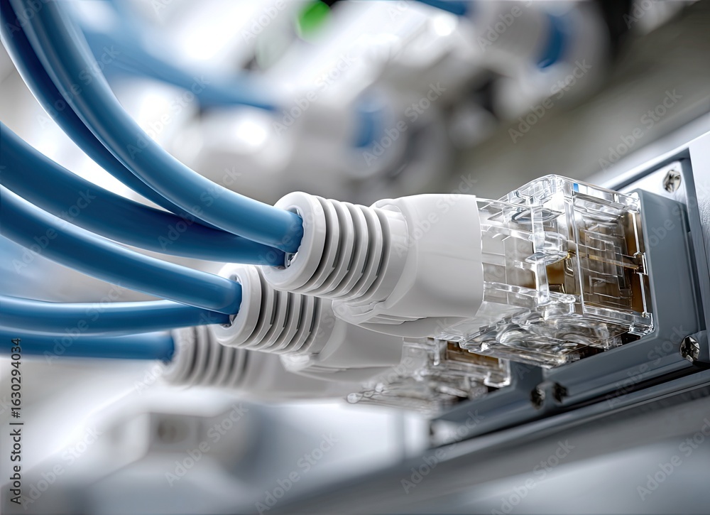 Poster network cables connect to a server panel in a data center during the day to facilitate high-speed co