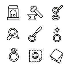 Obraz premium Ring Crafting Icons. Outline icon set of ring crafting: forge, hammer, anvil, molten metal, jeweler’s loupe, engraving tool,