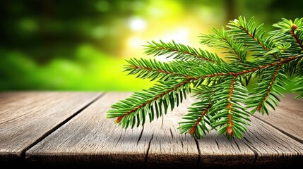 Fresh green pine branch resting on wooden surface with blurred natural background