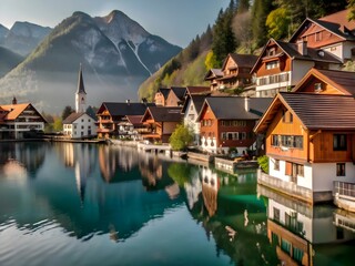 Fototapeta premium Picturesque Alpine Village on a Lake Shore with Mountains and a Church