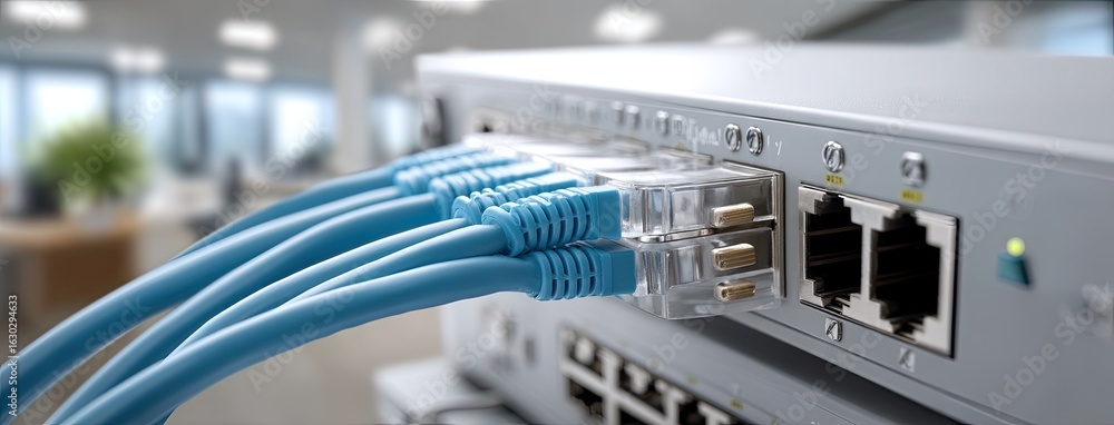 Poster connecting devices to a network switch in a modern office environment with blue ethernet cables duri