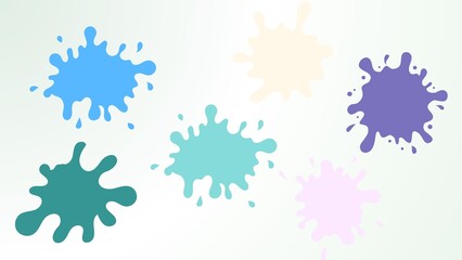 Colorful vector illustration featuring six paint splatters in various shades. The splatters are spread across a light background with a subtle gradient