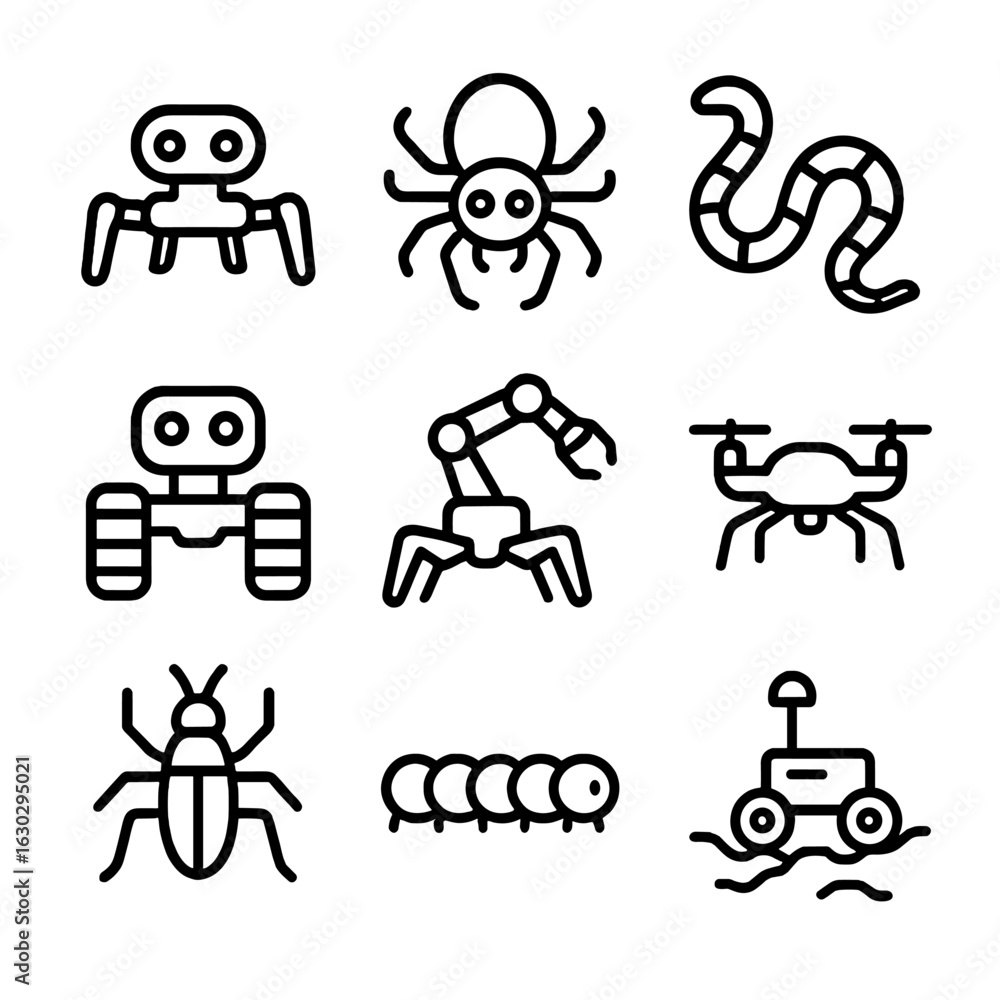 Poster robotic crawling icons. outline icon set of crawling in robotics and technology: crawling robot, spi